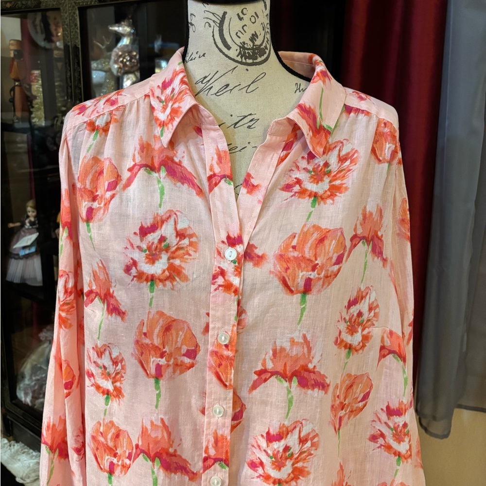 Charter Club Floral Print Linen Button Down Blouse - Picture 3 of 7